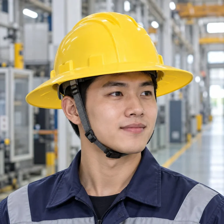 Mũ bảo hộ vành rộng lòng mũ sáu điểm nhựa cách điện màu vàng cho nhà máy trên người mẫu Việt Nam