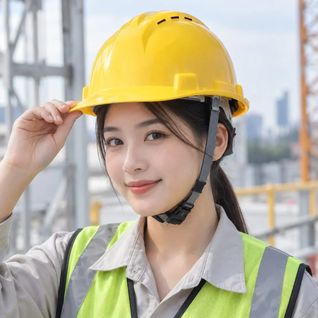 Mũ bảo hộ có khe thoáng lòng mũ sáu điểm nhựa cách điện màu vàng làm việc trên cao trên người mẫu Việt Nam