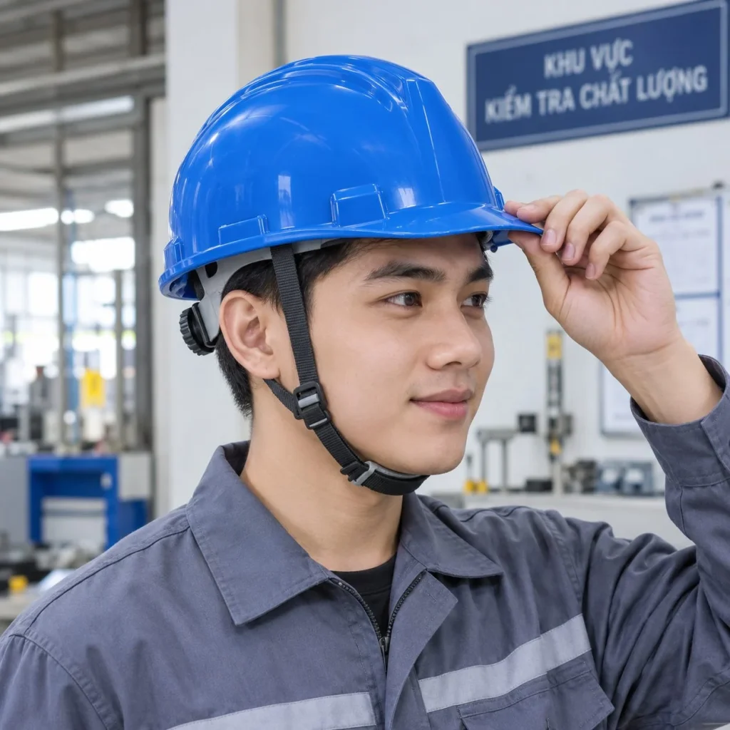 Mũ bảo hộ vành ngắn núm vặn điều chỉnh nhựa ABS màu xanh dương cho công trường trên người mẫu Việt Nam
