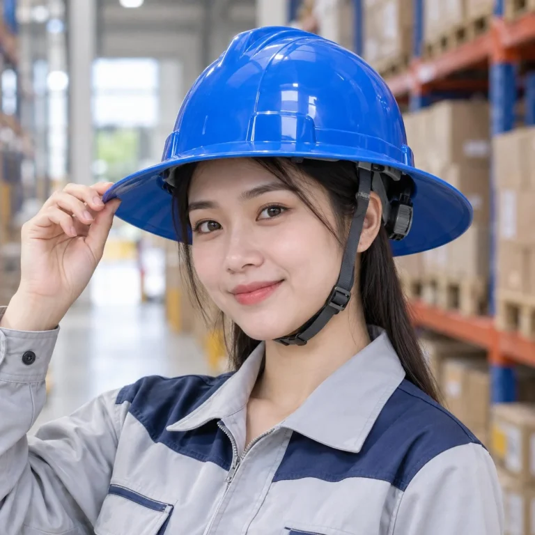Mũ bảo hộ vành rộng núm vặn điều chỉnh nhựa ABS màu xanh dương cho nhà máy trên người mẫu Việt Nam