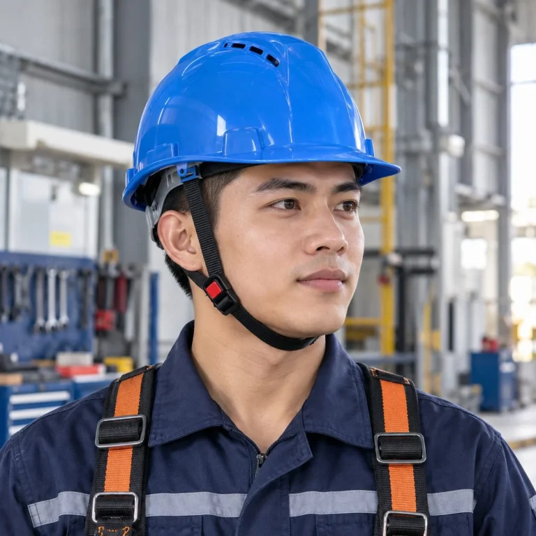 Mũ bảo hộ có khe thoáng khóa gài nhanh nhựa ABS màu xanh dương làm việc trên cao trên người mẫu Việt Nam