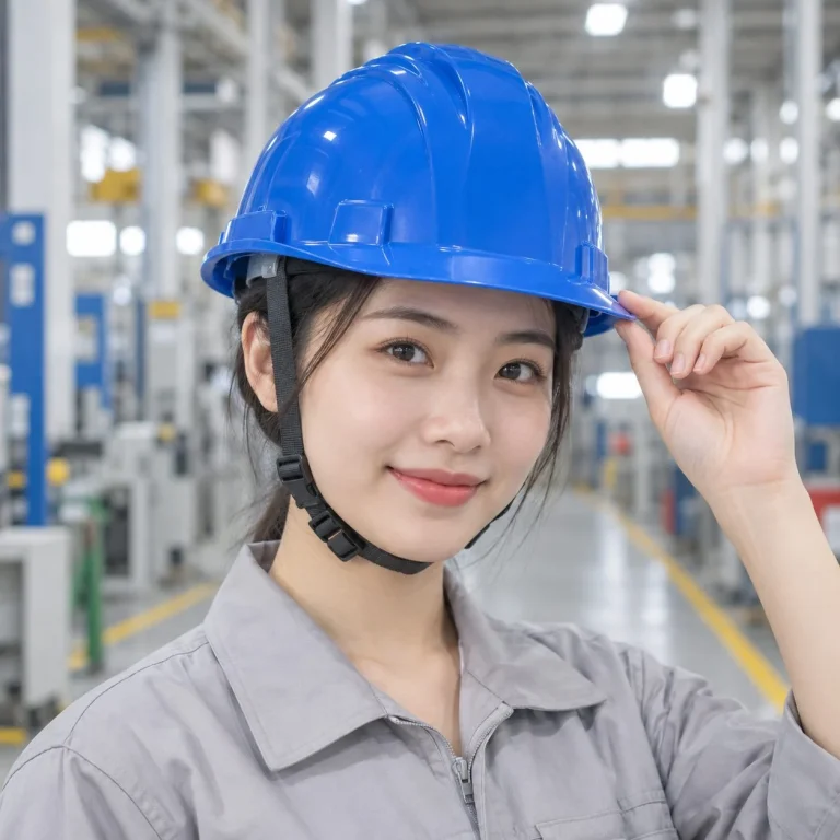 Mũ bảo hộ vành ngắn khóa gài nhanh nhựa HDPE màu xanh dương cho công trường trên người mẫu Việt Nam