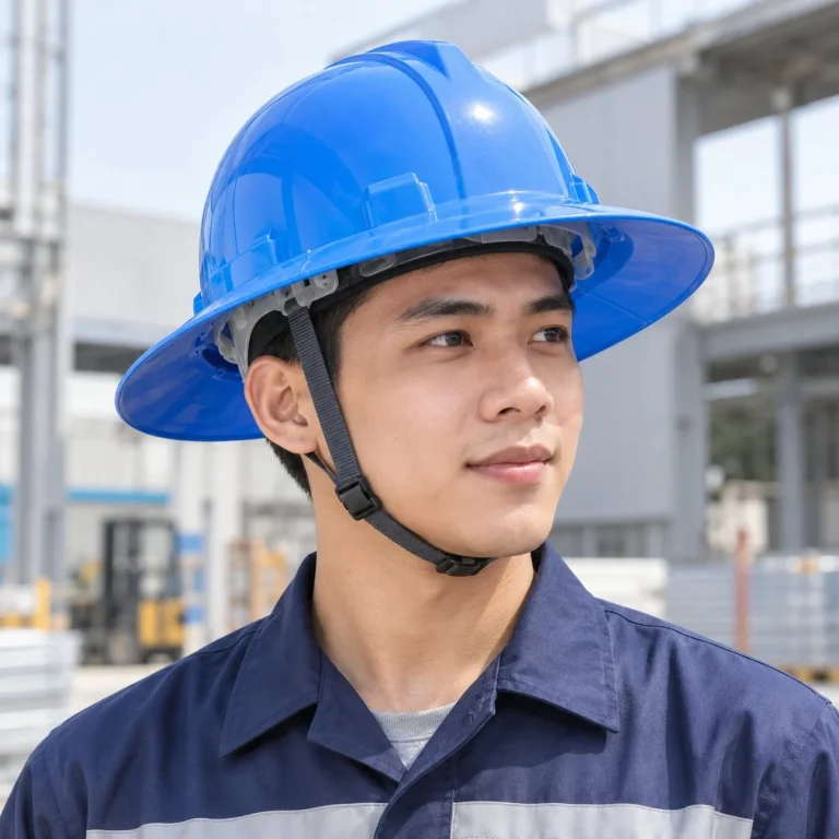 Mũ bảo hộ vành rộng lòng mũ sáu điểm nhựa HDPE màu xanh dương cho nhà máy trên người mẫu Việt Nam