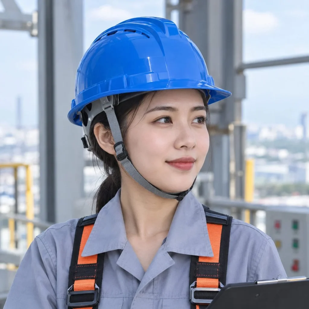 Mũ bảo hộ có khe thoáng lòng mũ sáu điểm nhựa HDPE màu xanh dương làm việc trên cao trên người mẫu Việt Nam