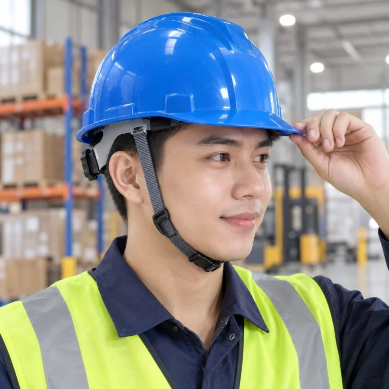 Mũ bảo hộ vành ngắn núm vặn điều chỉnh composite nhẹ màu xanh dương cho công trường trên người mẫu Việt Nam