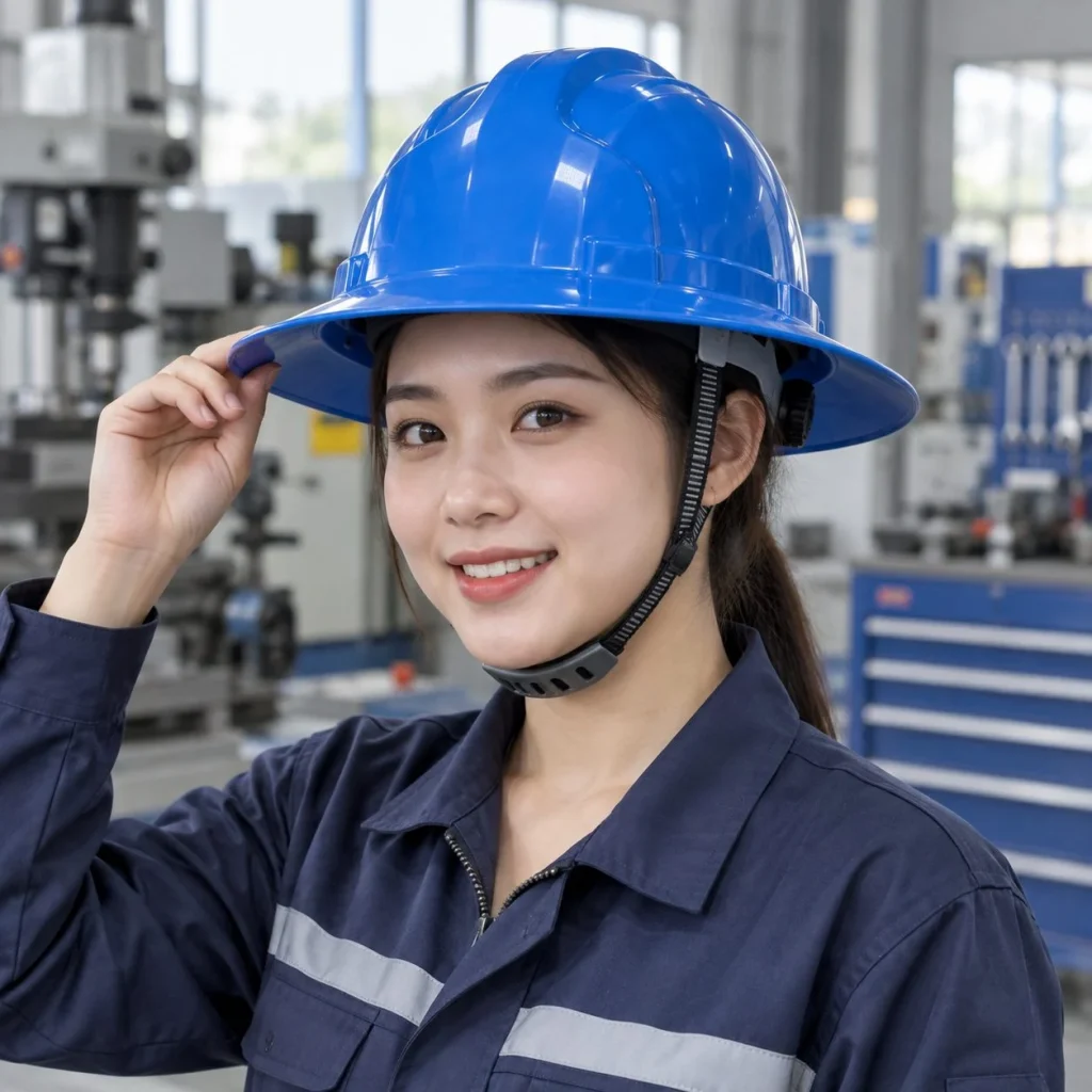 Mũ bảo hộ vành rộng núm vặn điều chỉnh composite nhẹ màu xanh dương cho nhà máy trên người mẫu Việt Nam