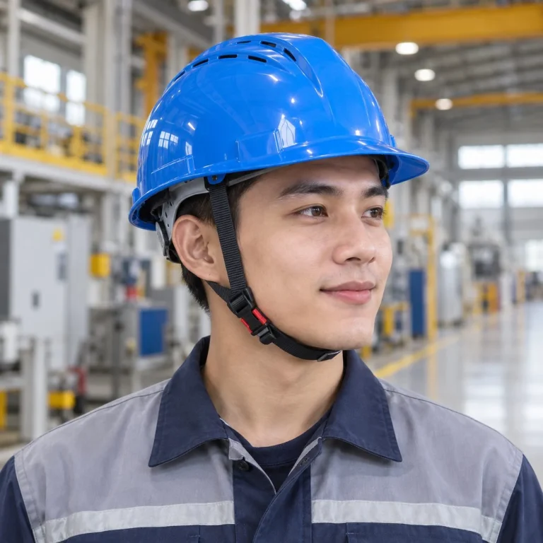 Mũ bảo hộ có khe thoáng khóa gài nhanh composite nhẹ màu xanh dương làm việc trên cao trên người mẫu Việt Nam