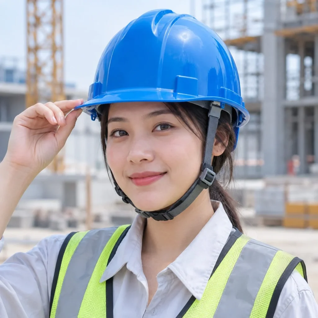 Mũ bảo hộ vành ngắn khóa gài nhanh nhựa cách điện màu xanh dương cho công trường trên người mẫu Việt Nam