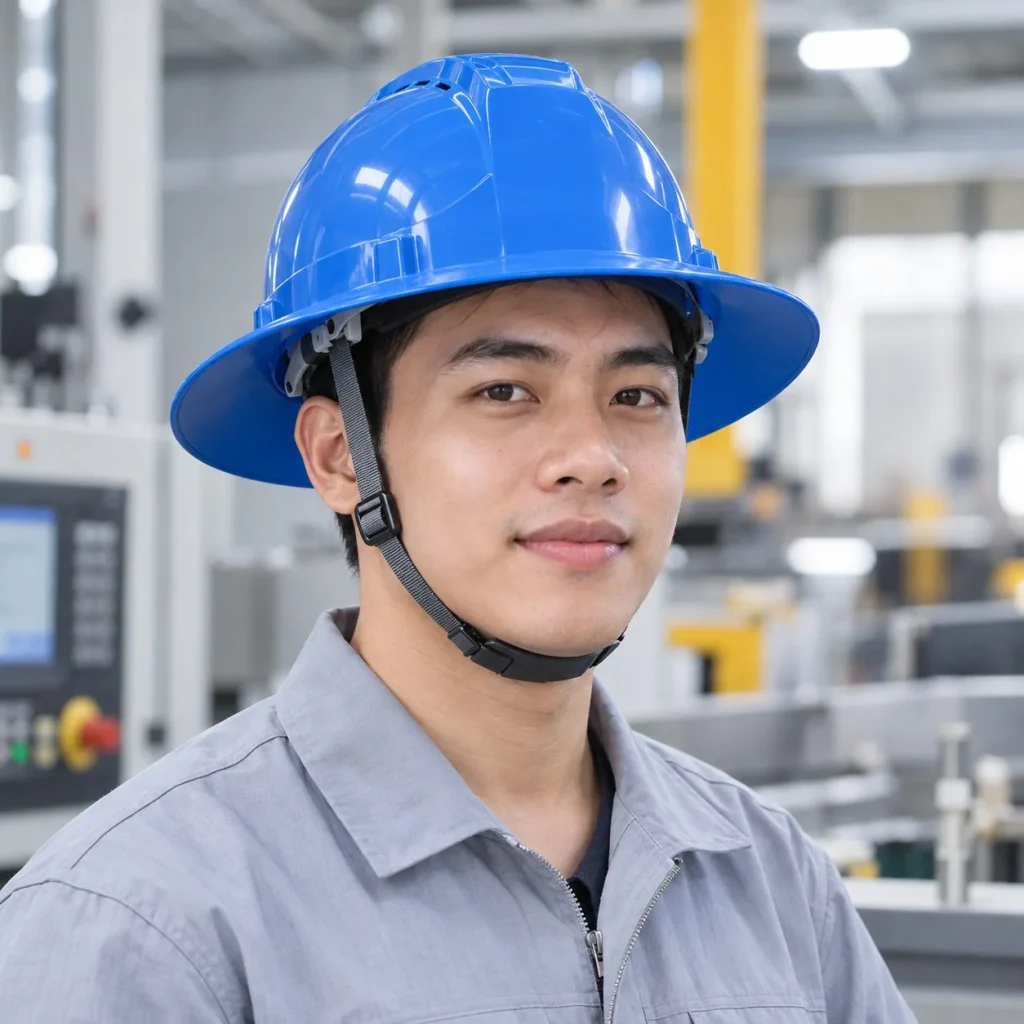 Mũ bảo hộ vành rộng lòng mũ sáu điểm nhựa cách điện màu xanh dương cho nhà máy trên người mẫu Việt Nam