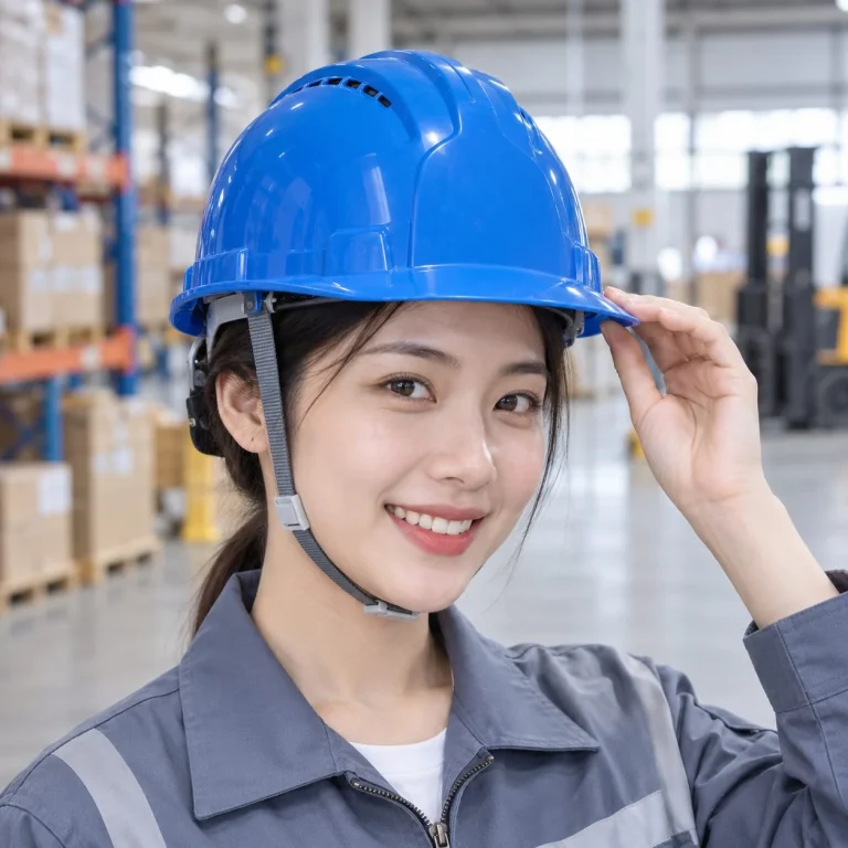 Mũ bảo hộ có khe thoáng lòng mũ sáu điểm nhựa cách điện màu xanh dương làm việc trên cao trên người mẫu Việt Nam