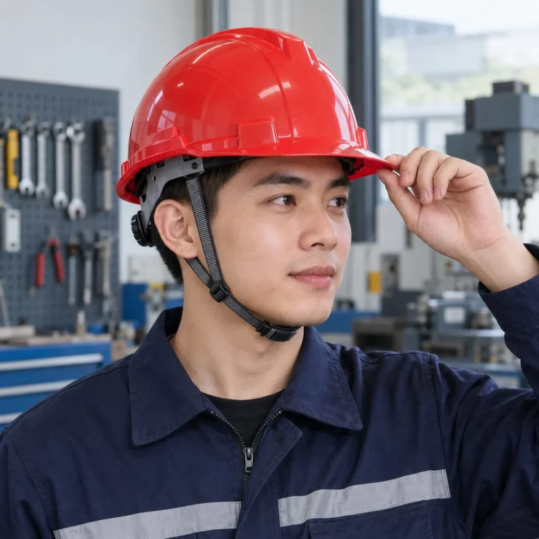 Mũ bảo hộ vành ngắn núm vặn điều chỉnh nhựa ABS màu đỏ cho công trường trên người mẫu Việt Nam