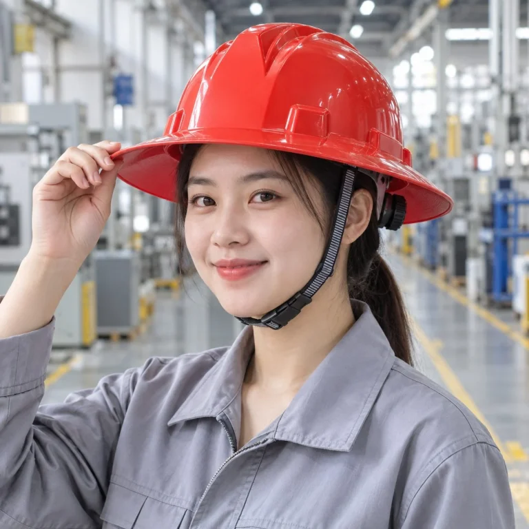 Mũ bảo hộ vành rộng núm vặn điều chỉnh nhựa ABS màu đỏ cho nhà máy trên người mẫu Việt Nam