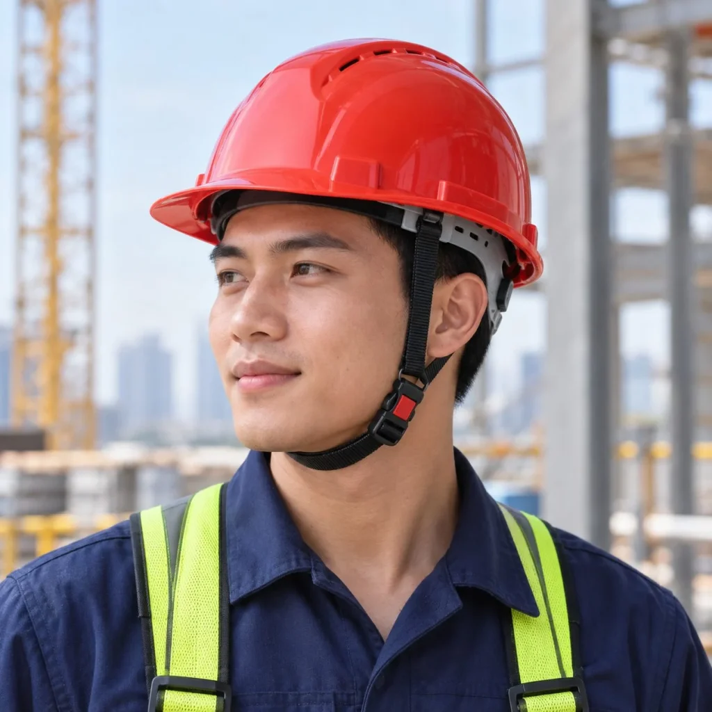 Mũ bảo hộ có khe thoáng khóa gài nhanh nhựa ABS màu đỏ làm việc trên cao trên người mẫu Việt Nam