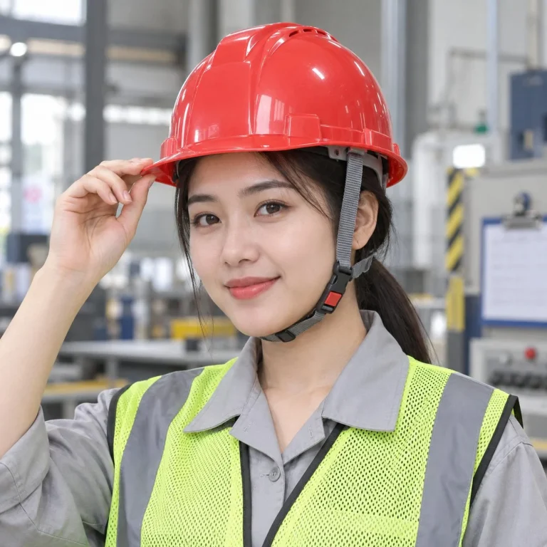 Mũ bảo hộ vành ngắn khóa gài nhanh nhựa HDPE màu đỏ cho công trường trên người mẫu Việt Nam