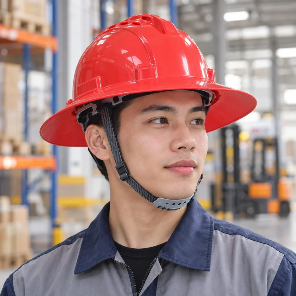 Mũ bảo hộ vành rộng lòng mũ sáu điểm nhựa HDPE màu đỏ cho nhà máy trên người mẫu Việt Nam