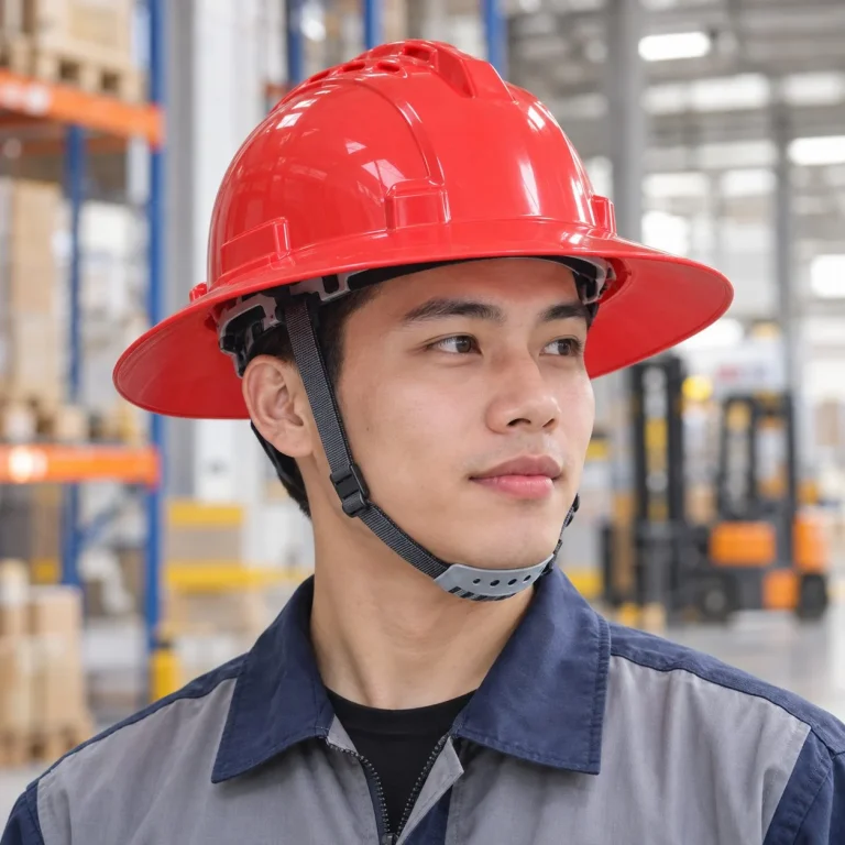 Mũ bảo hộ vành rộng lòng mũ sáu điểm nhựa HDPE màu đỏ cho nhà máy trên người mẫu Việt Nam