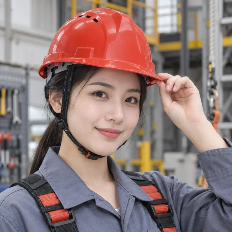 Mũ bảo hộ có khe thoáng lòng mũ sáu điểm nhựa HDPE màu đỏ làm việc trên cao trên người mẫu Việt Nam