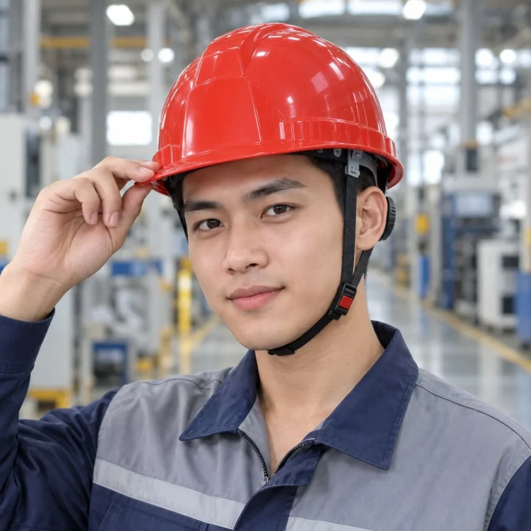Mũ bảo hộ vành ngắn núm vặn điều chỉnh composite nhẹ màu đỏ cho công trường trên người mẫu Việt Nam