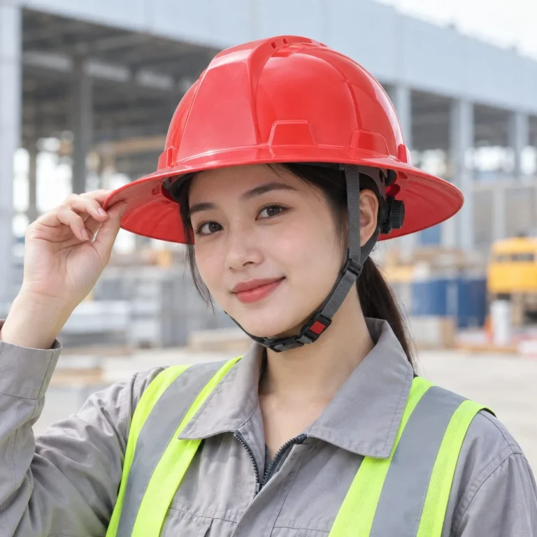 Mũ bảo hộ vành rộng núm vặn điều chỉnh composite nhẹ màu đỏ cho nhà máy trên người mẫu Việt Nam