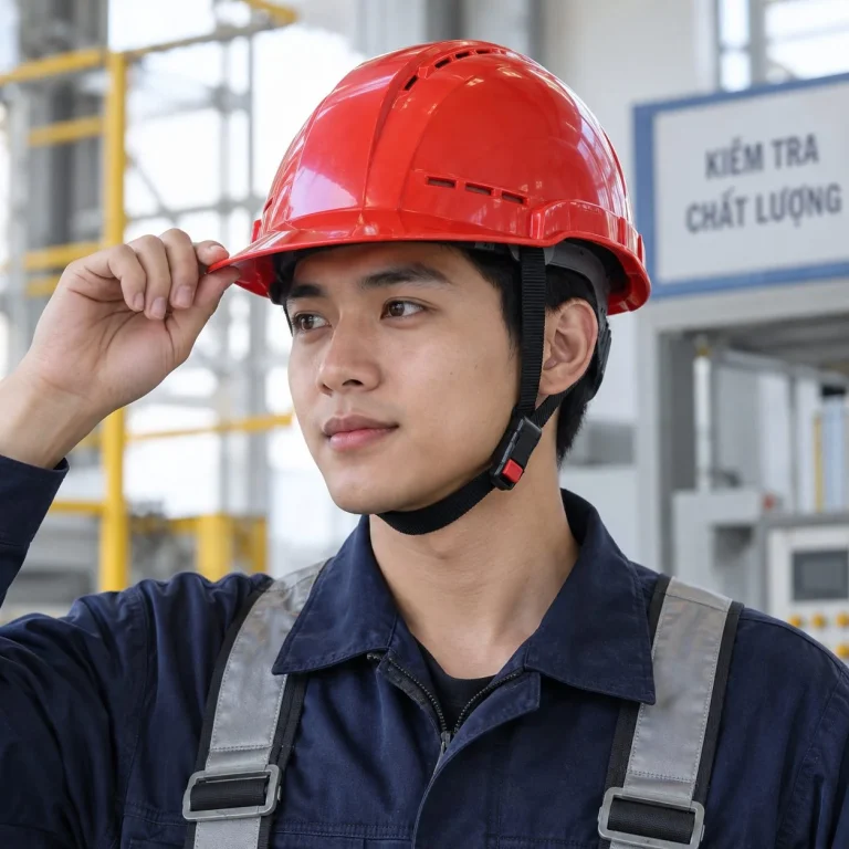 Mũ bảo hộ có khe thoáng khóa gài nhanh composite nhẹ màu đỏ làm việc trên cao trên người mẫu Việt Nam
