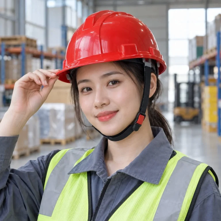 Mũ bảo hộ vành ngắn khóa gài nhanh nhựa cách điện màu đỏ cho công trường trên người mẫu Việt Nam