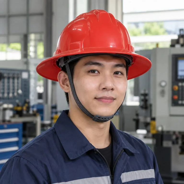 Mũ bảo hộ vành rộng lòng mũ sáu điểm nhựa cách điện màu đỏ cho nhà máy trên người mẫu Việt Nam