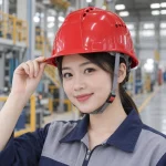 Mũ bảo hộ có khe thoáng lòng mũ sáu điểm nhựa cách điện màu đỏ làm việc trên cao trên người mẫu Việt Nam