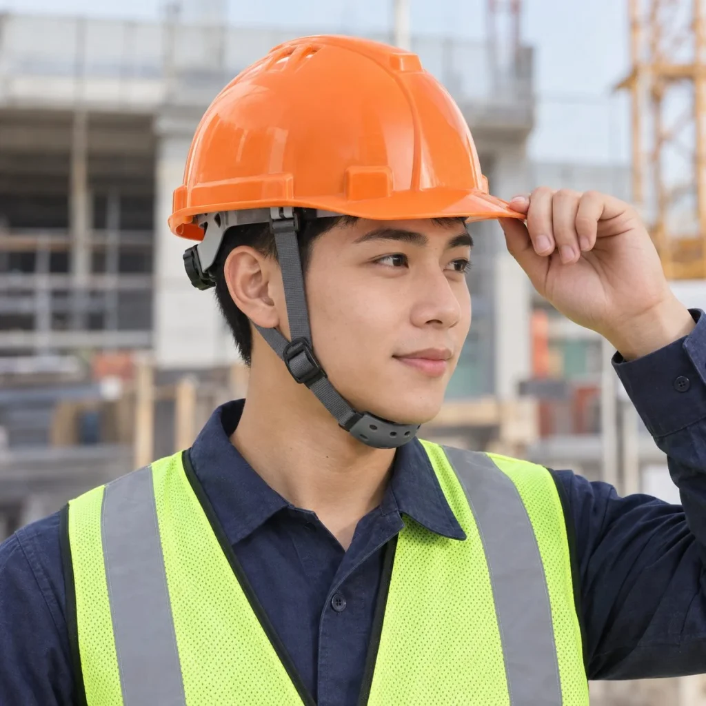 Mũ bảo hộ vành ngắn núm vặn điều chỉnh nhựa ABS màu cam cho công trường trên người mẫu Việt Nam