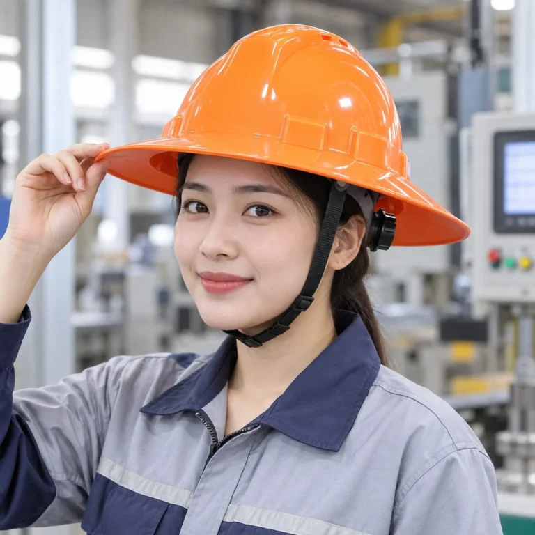 Mũ bảo hộ vành rộng núm vặn điều chỉnh nhựa ABS màu cam cho nhà máy trên người mẫu Việt Nam