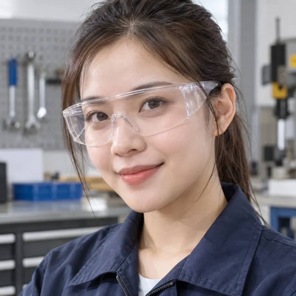 Kính bảo hộ gọng nhẹ tròng liền polycarbonate màu trong suốt chống tia UV trên người mẫu Việt Nam