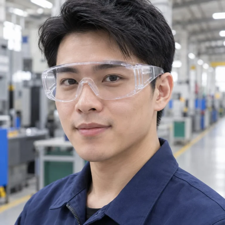 Kính bảo hộ phủ kín gọng mềm polycarbonate màu trong suốt chống văng bắn trên người mẫu Việt Nam