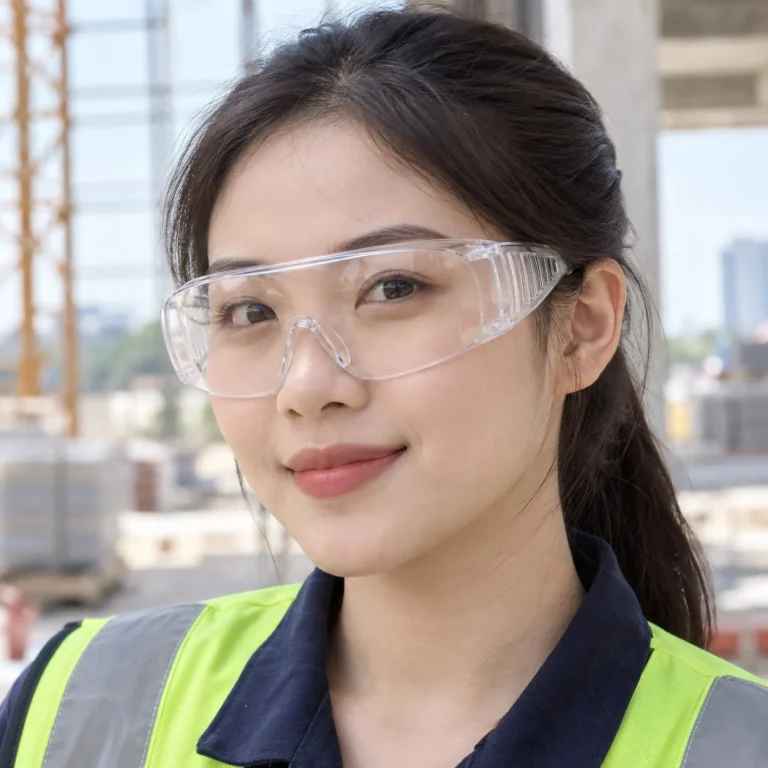 Kính bảo hộ ôm sát gọng mềm nhựa quang học màu trong suốt chống bụi trên người mẫu Việt Nam