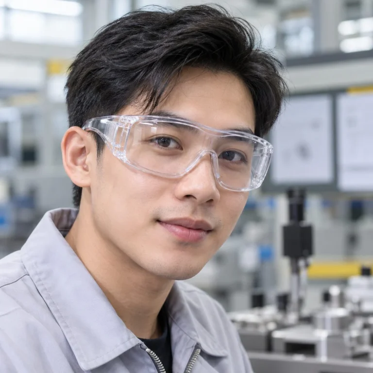 Kính bảo hộ gọng nhẹ đệm viền kín nhựa quang học màu trong suốt chống tia UV trên người mẫu Việt Nam