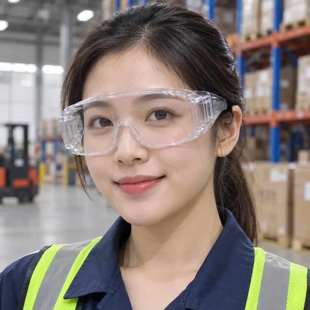 Kính bảo hộ phủ kín đệm viền kín nhựa quang học màu trong suốt chống văng bắn trên người mẫu Việt Nam