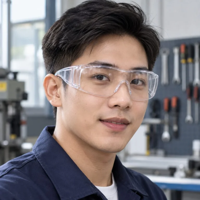 Kính bảo hộ ôm sát tròng liền tròng phủ chống xước màu trong suốt chống bụi trên người mẫu Việt Nam