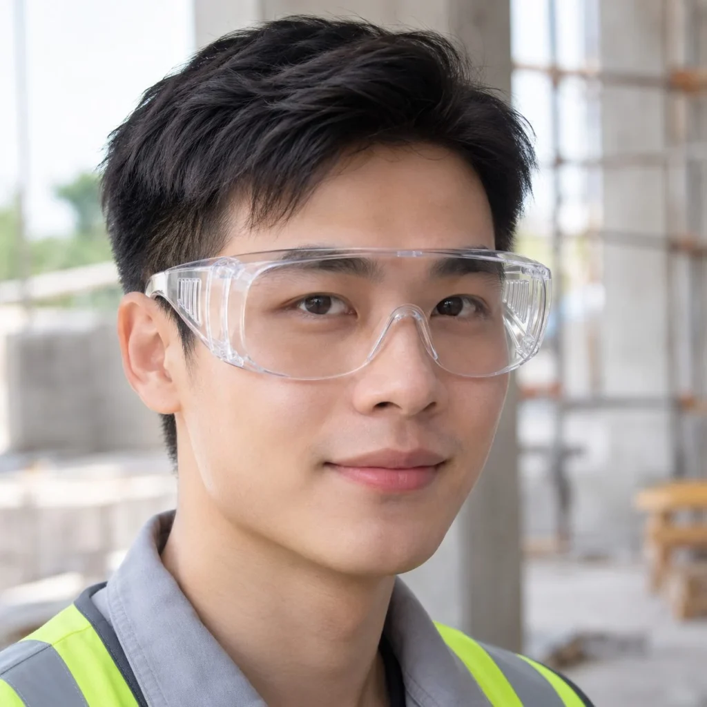 Kính bảo hộ phủ kín gọng mềm tròng phủ chống xước màu trong suốt chống văng bắn trên người mẫu Việt Nam