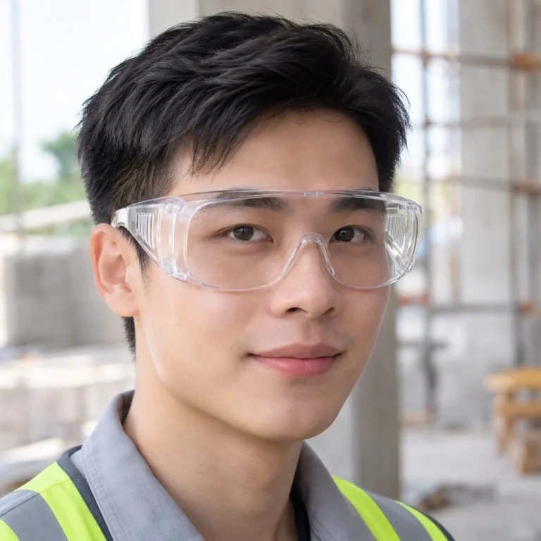 Kính bảo hộ phủ kín gọng mềm tròng phủ chống xước màu trong suốt chống văng bắn trên người mẫu Việt Nam
