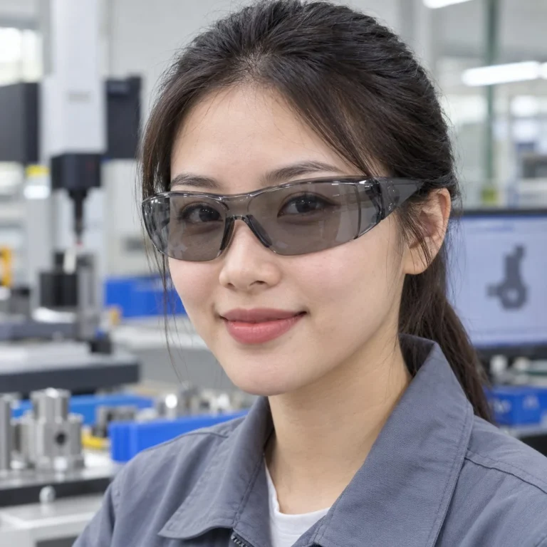Kính bảo hộ ôm sát gọng mềm polycarbonate màu xám khói chống bụi trên người mẫu Việt Nam