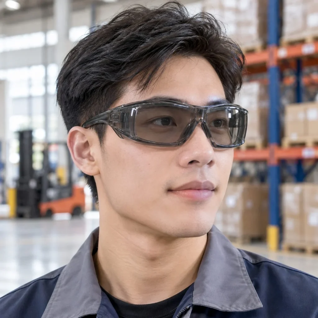 Kính bảo hộ gọng nhẹ đệm viền kín polycarbonate màu xám khói chống tia UV trên người mẫu Việt Nam
