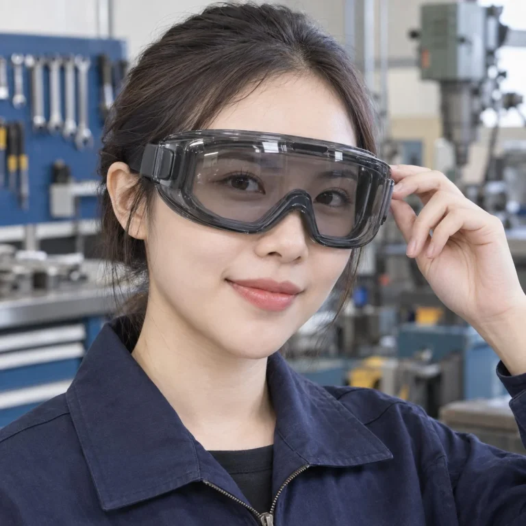 Kính bảo hộ phủ kín đệm viền kín polycarbonate màu xám khói chống văng bắn trên người mẫu Việt Nam