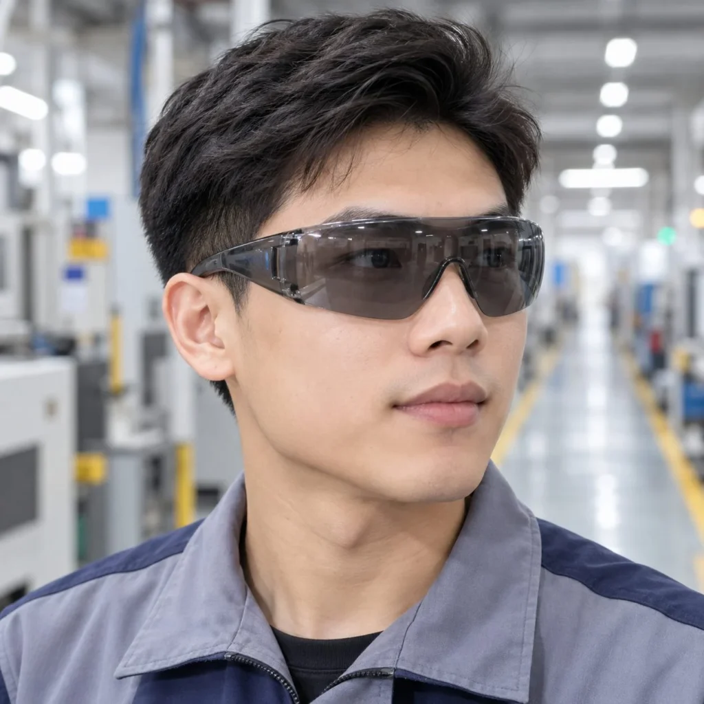 Kính bảo hộ ôm sát tròng liền nhựa quang học màu xám khói chống bụi trên người mẫu Việt Nam