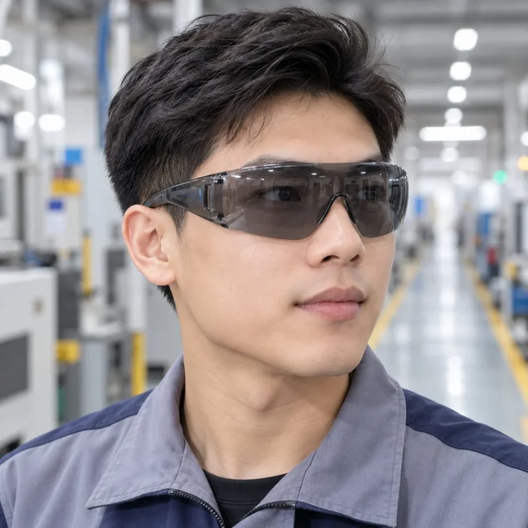 Kính bảo hộ ôm sát tròng liền nhựa quang học màu xám khói chống bụi trên người mẫu Việt Nam