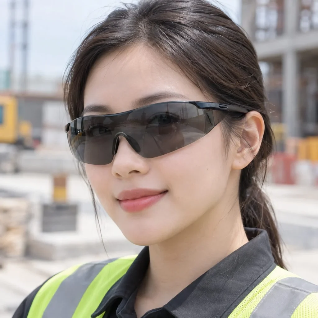 Kính bảo hộ gọng nhẹ tròng liền nhựa quang học màu xám khói chống tia UV trên người mẫu Việt Nam