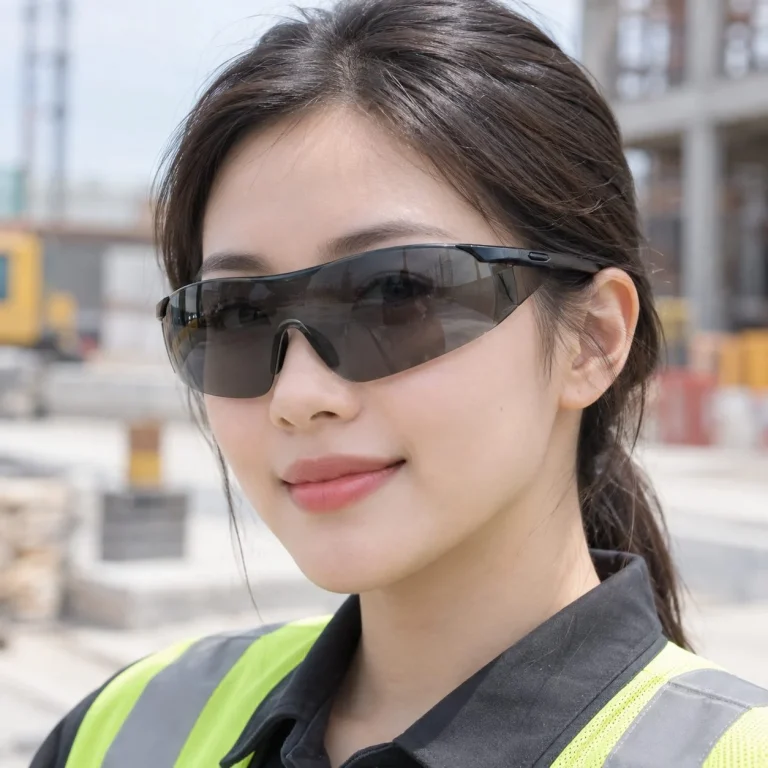 Kính bảo hộ gọng nhẹ tròng liền nhựa quang học màu xám khói chống tia UV trên người mẫu Việt Nam