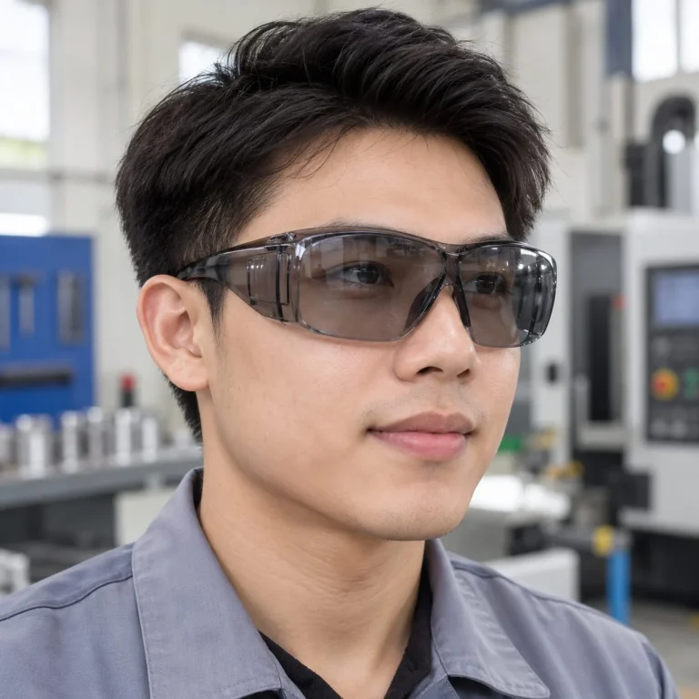 Kính bảo hộ phủ kín gọng mềm nhựa quang học màu xám khói chống văng bắn trên người mẫu Việt Nam