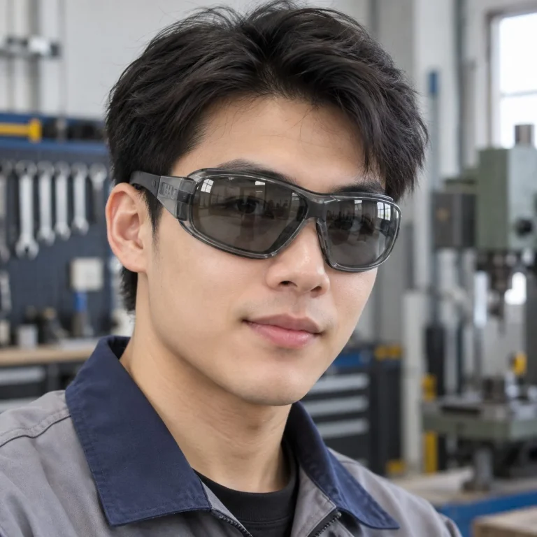 Kính bảo hộ gọng nhẹ đệm viền kín tròng phủ chống xước màu xám khói chống tia UV trên người mẫu Việt Nam