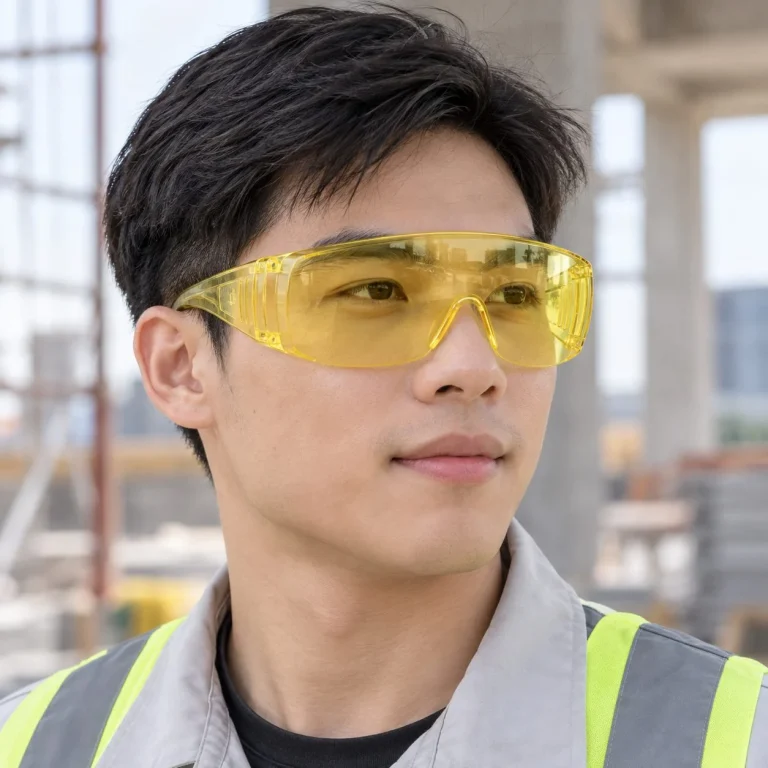 Kính bảo hộ ôm sát tròng liền polycarbonate màu vàng nhạt chống bụi trên người mẫu Việt Nam