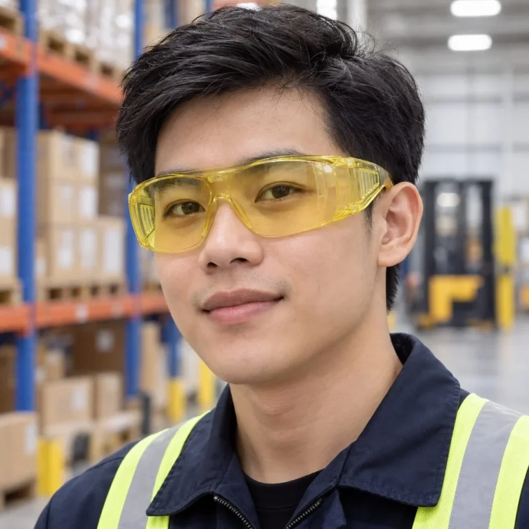 Kính bảo hộ phủ kín gọng mềm polycarbonate màu vàng nhạt chống văng bắn trên người mẫu Việt Nam