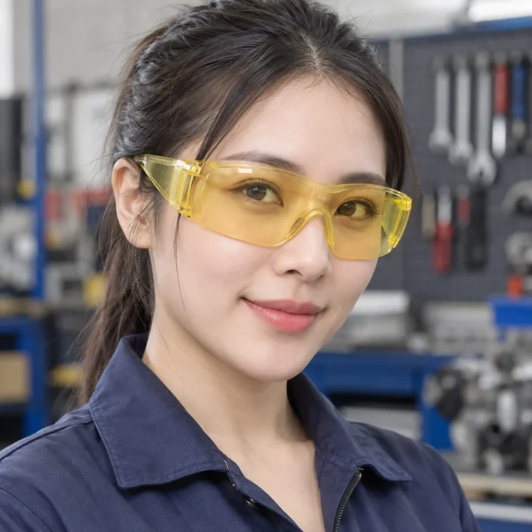 Kính bảo hộ ôm sát gọng mềm nhựa quang học màu vàng nhạt chống bụi trên người mẫu Việt Nam