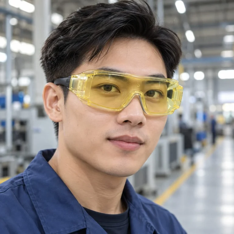 Kính bảo hộ gọng nhẹ đệm viền kín nhựa quang học màu vàng nhạt chống tia UV trên người mẫu Việt Nam